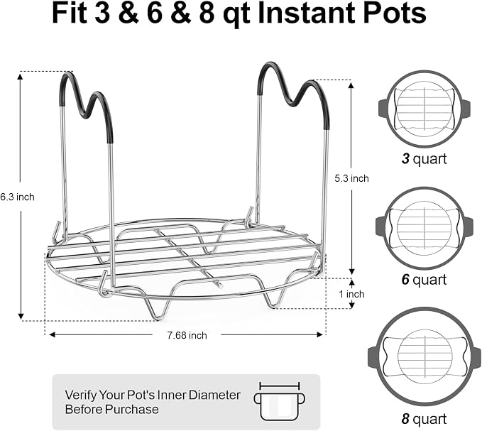 Steamer Rack Trivet for Instant Pot 6 Qt & 8 Qt with Silicone Handle | 7.7-inch 304 Stainless Steel Steam Rack with Foldable Heat Resistant Handles for Pressure Cooker, Steaming, Cooking, 2 Pack