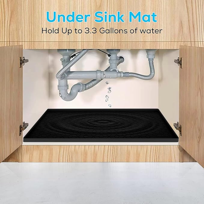 Under Sink Mat for Kitchen, Silicone Waterproof Liner, Flexible Organizer Tray with Drain Hole, 3.4 Gallons Capacity, Easy to Clean