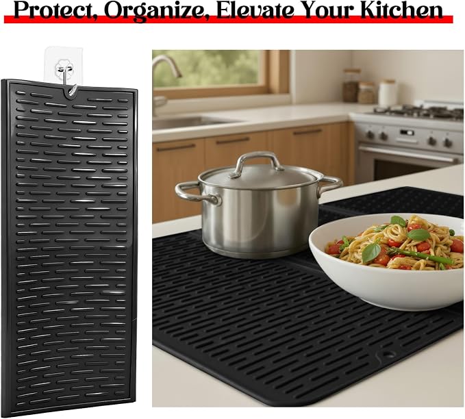Suclain Stove Top Cover for Electric Stove 28" x 20" Foldable Glass Cooktop Protector Black Flat Silicone Mat Induction Ceramic Cooktop Oven Top Cover Dish Drying Mat for Christmas gifts