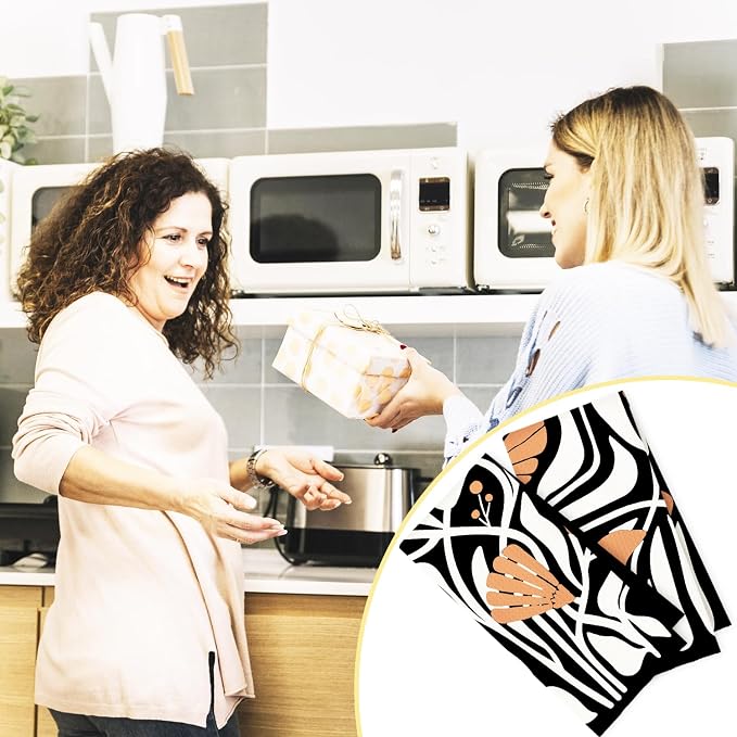 Abstract Boho Black and Beige Brown Floral Kitchen Towels Set of 2, 70s Retro Groovy Botanical Dish Tea Towels for Kitchen Bathroom Decor, Mid Century Modern Hand Towels, 16x24 Inch