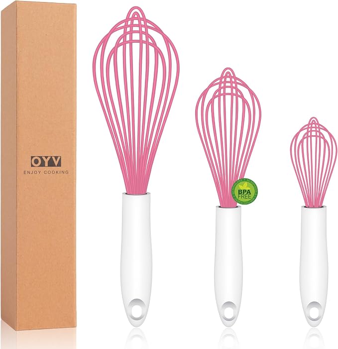 OYV Pink Silicone Whisk Set of 3, 8/10/12 Inch, Dishwasher Safe | Sealed Waterproof Handles, Non-Scratch Silicone-Coated Wires, Nonstick-Safe, Durable Stainless Steel Cores, Easy To Clean