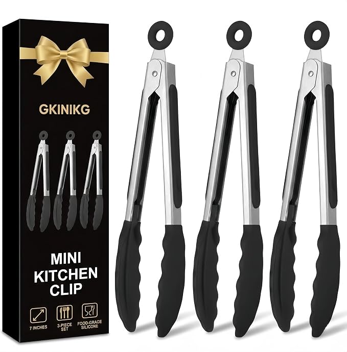 Mini Tongs with Silicone Tips, 7-Inch Small Serving Tongs for Cooking, Stainless Steel Food small tongs with Locking Mechanism for Salad, Taco Bar, Appetizers & Buffet, Set of 3