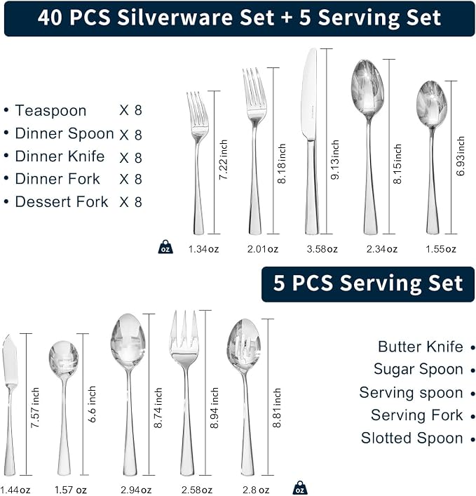 45 Piece Silverware Set for 8 with Serving Utensils, 18/10 Stainless Steel | KINGSTONE Forged Flatware Cutlery Set, Mirror Polished Knives Fork and Spoon Utensils, Dishwaher Safe for Home Wedding Party