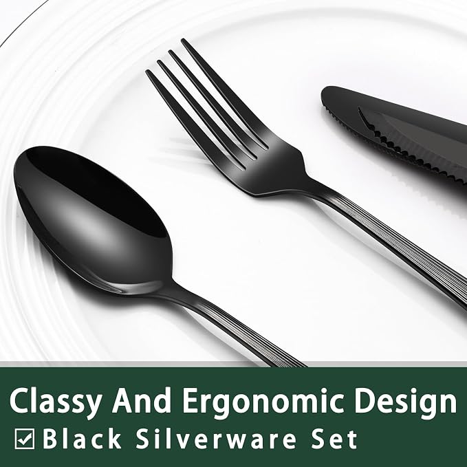 EWFEN 24-Piece Black Silverware Set with Steak Knives, Black Flatware Set for 4, Food-Grade Stainless Steel Tableware Cutlery Set, Mirror Finished Utensil Sets for Home Restaurant, Roman Column
