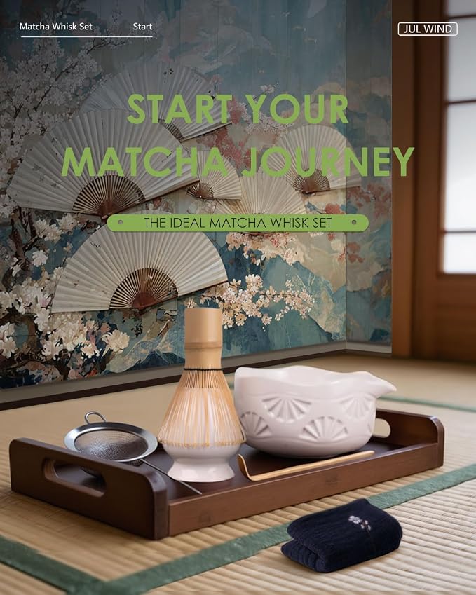 Matcha Whisk Set, Ceramic Matcha Set Includes Matcha Bowl and Matcha Whisk | Holder, Spout, Bamboo Scoop, Sifter and Tea Towel - 6 Pcs Matcha Kit Gift for Matcha Lovers Beginners