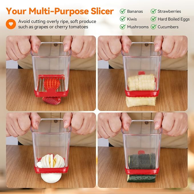 Strawberry Slicer Cup, Fruit Cutter – Quick-Slice for Meal Prep, Red | Dual-Function Base, Easy-Clean & Storable – 304 Stainless Steel Blade – Quick & Safe Slicing Kitchen Gadget