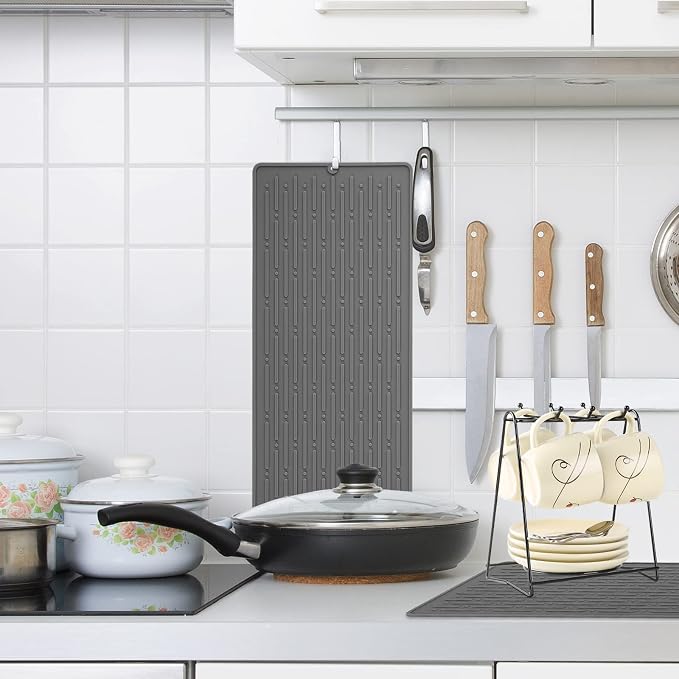 Dish Drying Mats, Heat-resistant Silicone Mat for Kitchen Counter, Non-Slip Dish Dry Mat Dishwasher Safe Large, Gray