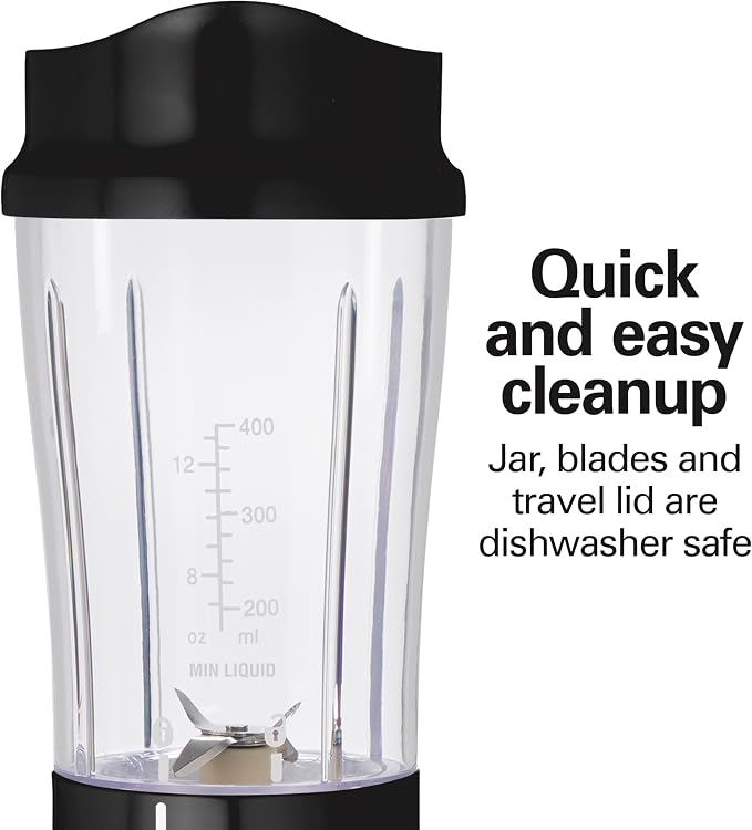 Hamilton Beach Portable Blender for Smoothies With 14 oz. Travel Jar | BPA Free Jar & Lid | Durable Stainless Steel Blades | 300 Watts Peak Power | Personal Smoothie Blender | Black | 51101AG