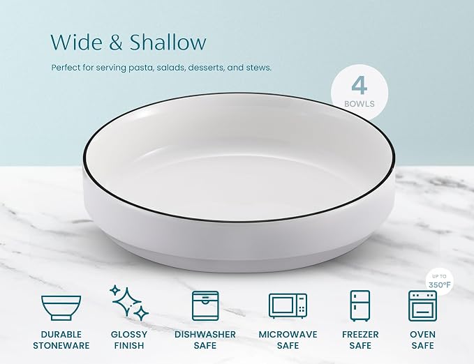KooK Ceramic Large Pasta Bowls, Microwave and Dishwasher Safe, Great for Soups and Salads, Shallow Serving Bowls, Glossy Porcelain, 47 oz, Set of 4, French