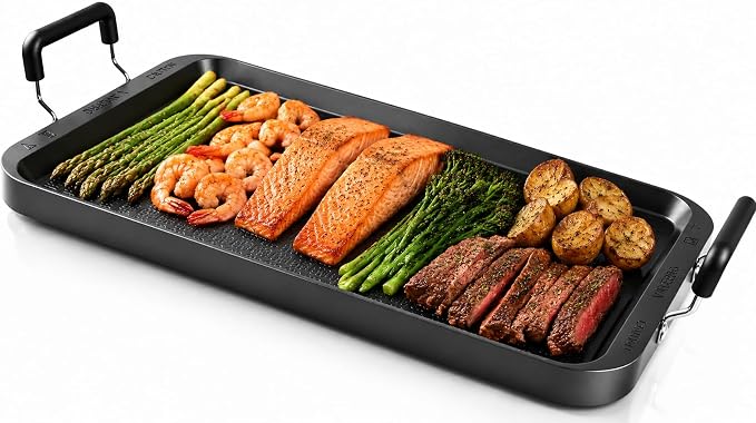 Stove Top Griddle 17 Inch, Warp-Resistant Nonstick 2 Burner Griddle Pan for Gas Stove, Aluminum Flat Top Grill & Pancake Griddle for Indoor Cooking, Camping, Outdoor BBQ