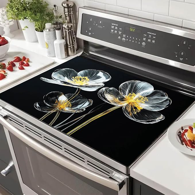 HOMETITUTE Elegant Glass Blossom Stove Top Cover 28x20 Diatomite Mat