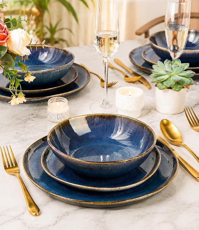 AmorArc Ceramic Dinnerware Sets for 4, 12Pcs Plates and Bowls Sets Dishes | Stoneware Handmade Reactive Glaze Dinner Set, Highly Scratch Resistant | Dishwasher & Microwave Safe Dishware
