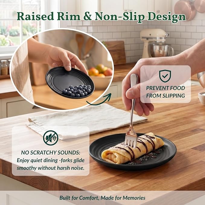 Black Small Plates | 5.7" Unbreakable Melamine Appetizer & Dessert Plates, Chic Wheat Straw Salad Plates | For Sushi, Cocktails, Bread & Side Dishes -Set of 8, Black