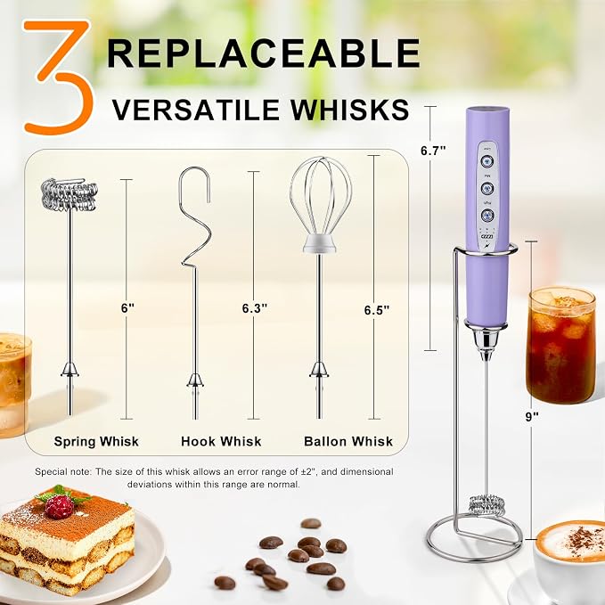 YUSWKO Handheld Milk Frother Wand for Coffee, Rechargeable Electric Whisk with 3 Heads 3 Speeds Drink Mixer Coffee Frother For Latte, Cappuccino, Hot Chocolate, Egg, Light Purple with Holder