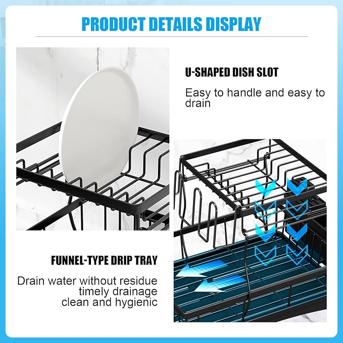 7 code 2-Tier Large Dish Drying Rack for Kitchen Counter, Black | Detachable Large Capacity Dish Drainer Organizer with Auto Drain, Anti-Rust Dish Rack with Cup & Utensil Holders