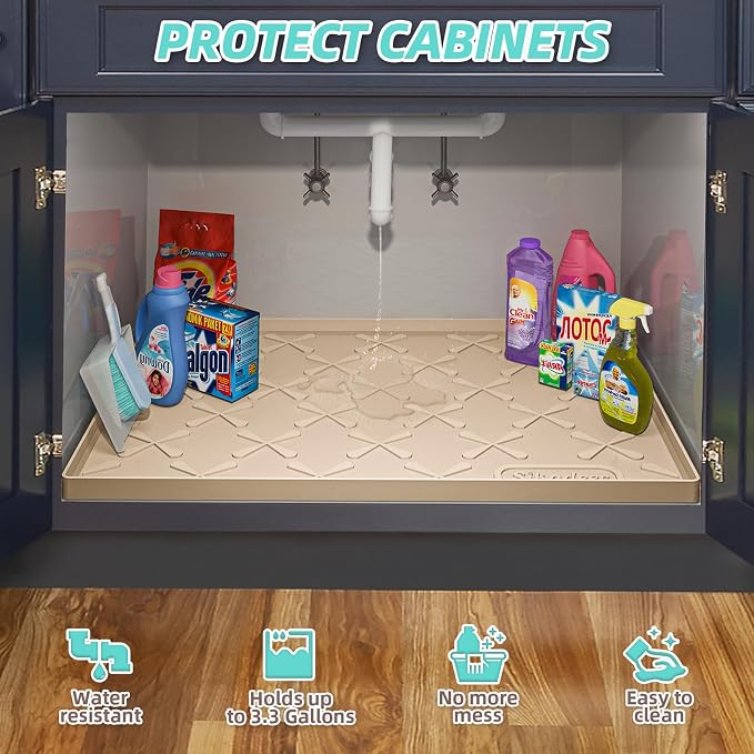 Waterproof Under Sink Mat Silicone 28"x19", Kitchen Cabinet Liner | BPA-Free Silicone Mat with Raised Lip Protects Cabinets from Leaks, Versatile Home Organizer for Bathroom, Pets, Boots, Floor