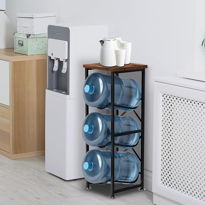 5 Gallon Water Jug Holder, 3-Tier Water Bottle Holder with Wood Top Shelf, Heavy Duty Water Cooler Jug Rack, Water Dispenser Storage Stand for Office and Living Room
