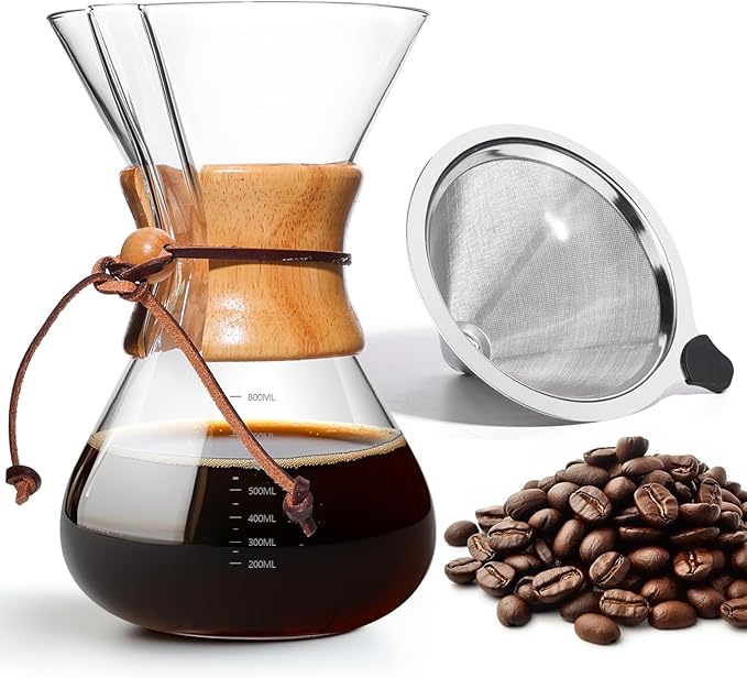 Pour Over Coffee Maker 27 OZ, 8 Cup Borosilicate Glass Drip Coffee Maker with Reusable Stainless Steel Filter and Cork Grip for Home Café 800 ML