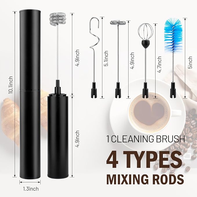 Milk Frother Wand for Coffee,Foamer,Latte,Cappuccino,Chocolate,Egg(Black) | Rechargeable Electric Handheld Frother Whisk with 5 Heads 2 Speeds