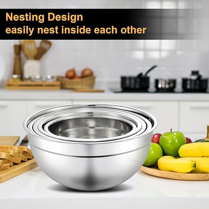 hunnycook 5 Piece Mixing Bowl Set - Mixing Bowls with Lid, Stainless Steel Mixing Bowls for Baking, Size 1.5, 2.1, 3.5, 4, 4.5QT, Baking Bowl for Food Preparation, Mixing and Serving Foods