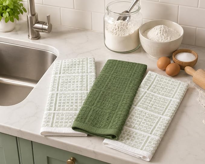 Sage Green Kitchen Dish Towels – Set of 3 100% Cotton Cloth Soft Cleaning Drying Absorbent Textured Waffle & Checkered Weave – Oversized 28" x 18" Multipurpose Towels for Everyday Use