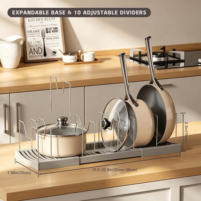 Magheo Pots and Pans Organizer Under Cabinet, Expandable 12.6"-22.8" Kitchen Cabinet Organizer Holder with 10 Adjustable Dividers for Food Storage Container Lid, Cookie Sheet, Cookware(1 Pack, Gray)