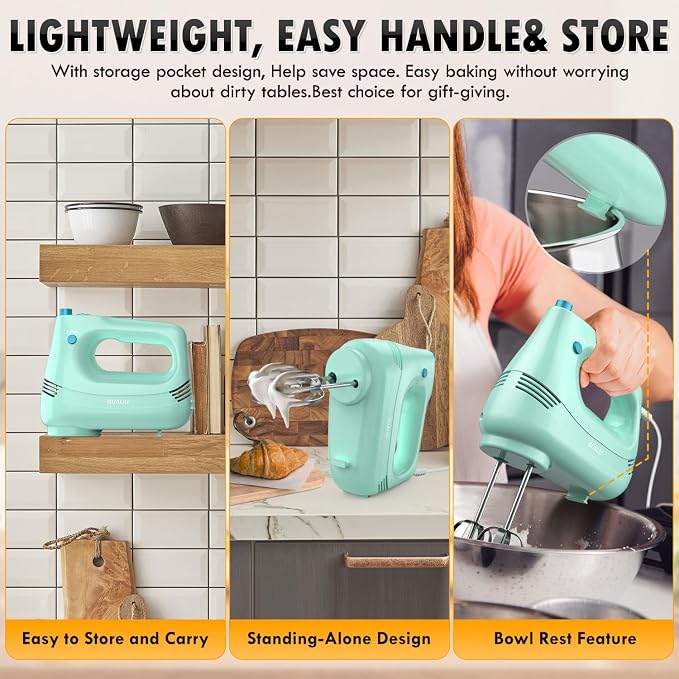 GUALIU Electric Hand Mixer, 304*(2* Beaters, 2* Dough Hooks), (1* Storage Bag) Handheld Mixer for Baking Cakes, Eggs, Cream Food Mixers, Turbo Boost /5 Speed Kitchen Blender GREEN