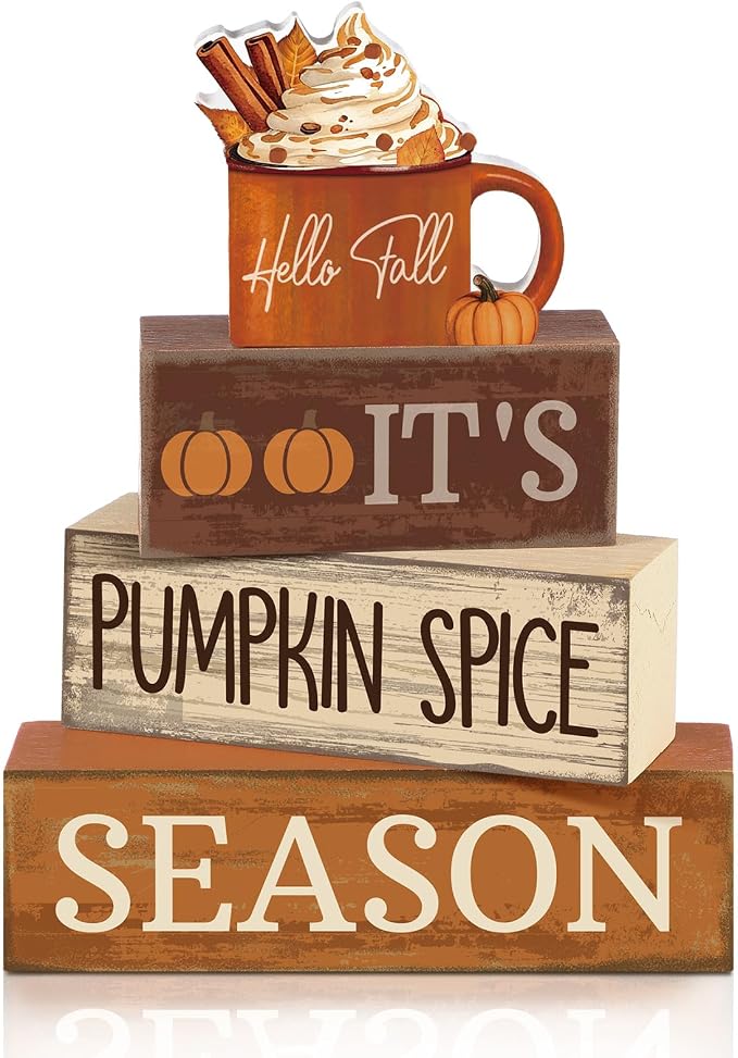 Lineshading 4 Pcs Wooden Fall Block Signs Pumpkin Spice Tabletop Decor | Rustic Farmhouse Stackable Design, Tiered Tray Displays, Coffee Table Centerpiece, Thanksgiving Seasonal Home Decor