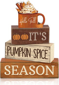 Lineshading 4 Pcs Wooden Fall Block Signs Pumpkin Spice Tabletop Decor | Rustic Farmhouse Stackable Design, Tiered Tray Displays, Coffee Table Centerpiece, Thanksgiving Seasonal Home Decor
