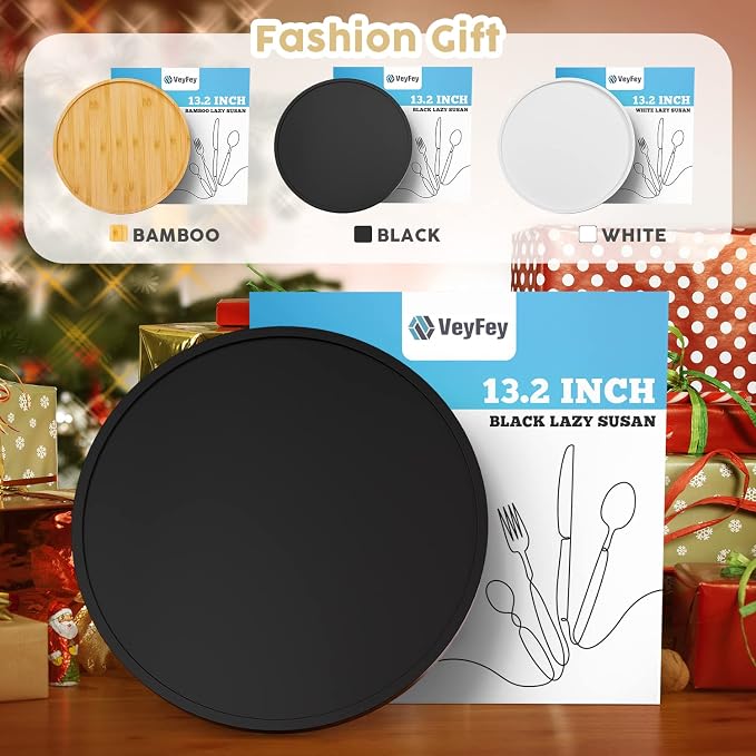 Lazy Susan Organizer, 13.2 Inch Non-Skid Bamboo Turntable | Kitchen Table Cabinets Closets and Kitchen Islands, Wood Turntable for Kitchen Countertop Organizer, Black