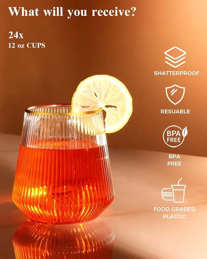 BESTSTAR 48Pack Gold Rim Disposable Ribbed Origami Ripple Plastic Glasses | 24 9 OZ Stemless Champagne Flutes & 24 12OZ Cups, BPA-Free Shatterproof Clear Drinkware for Weddings, Parties & Events