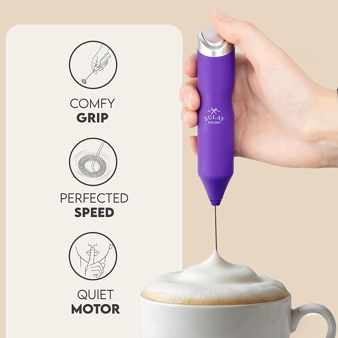 Zulay Kitchen Powerful Frother Wand AA Batteries Included, Ultra Fast Handheld Drink Mixer, Comfort Milk Frother, Stainless Steel Whisker, Frother Handheld for Coffee, Protein & Matcha - Frothmate 2.0