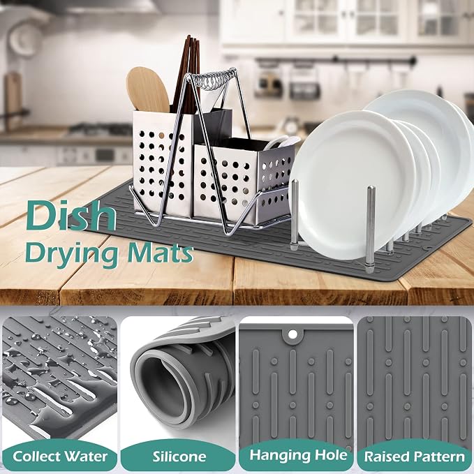Dish Drying Mats, Heat-resistant Silicone Mat for Kitchen Counter, Non-Slip Dish Dry Mat Dishwasher Safe Large, Gray