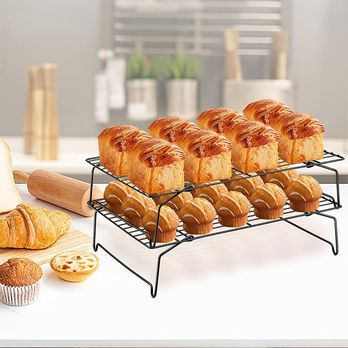 P&P CHEF Cooling Rack Set of 2, 2-Tier 15" x 10" Stackable Rack, Black | Stainless Steel Stackable Wire Cooling Racks for Baking Cooking Roasting, Collapsible & Heavy Duty, Oven Safe & Easy Clean
