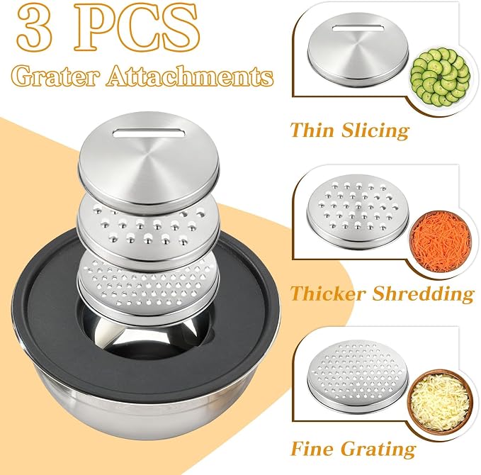 Unokit Mixing Bowls with Lids Set - 7 Pcs Stainless Steel Mixing Bowls Non-Slip Silicone Base Mixing Bowl Set for Kitchen with 3 Grater Attachments