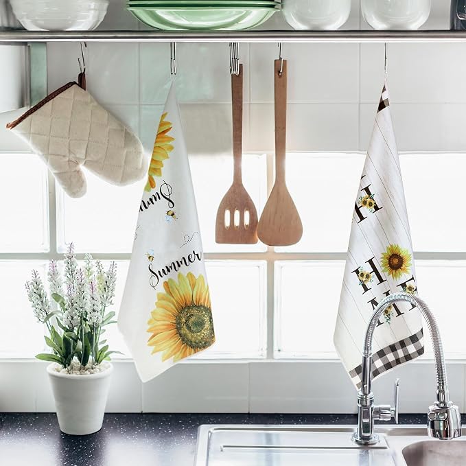 4 Pcs Sunflower Kitchen Towels Set, Hand Tea Towels Gifts | Absorbent Fast Drying Dish Clothes Floral Black White Plaid Decor Housewarming Gift for Cooking Bathroom Kitchen Decor