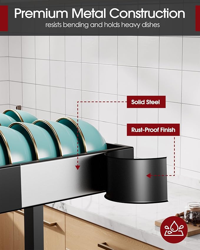 Sakugi 2-Tier Dish Drying Rack Over The Sink, Expandable for Counter | Rustproof Stainless Steel Kitchen Storage Accessories, Space-Saving 30"–34.5"Lx12"Wx25"H, Black