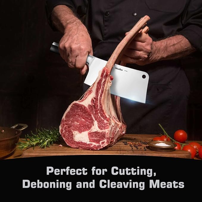 Mueller 7-Inch Meat Cleaver Butcher Knife - German High Carbon Steel, Laser-Tested Razor-Sharp Blade, Heavy Duty Bone Chopper for Meat & Vegetables, Home & Restaurant, Gift for Him | Laser-Tested Razor-Sharp Blade, Heavy Duty Bone Chopper, For Meat & V...