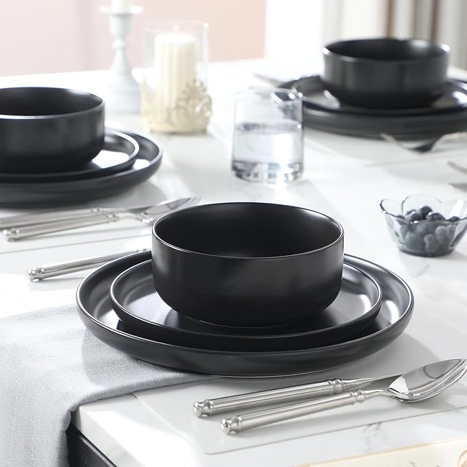MALACASA 12 Pcs Porcelain Plates and Bowls Sets,Dinnerware Set for 4,Black | Modern Ceramic Dishware Set,Kitchen Dining Ware,Microwave and Dishwasher Safe,Simple Matt Black Design,Series LUNA