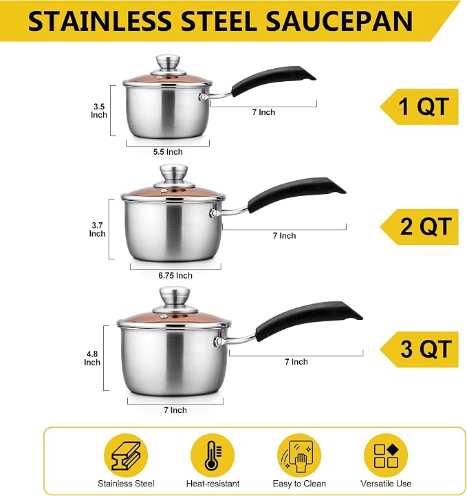 E-far Stainless Steel Saucepan Set of 3, 1 & 2 & 3 Quart Sauce Pan with Lid, Multipurpose Small Pot for Home Kitchen Restaurant Cooking, Dishwasher Safe