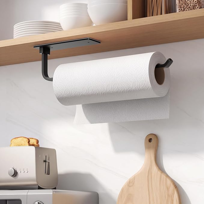 Paper Towel Holder Under Cabinet, Self-Adhesive or Drilling, Matte Black | Kitchen Roll Dispenser | Under-Cabinet or Wall-Mounted| Upgraded Aluminum | Lighter Yet Stronger Than Stainless Steel