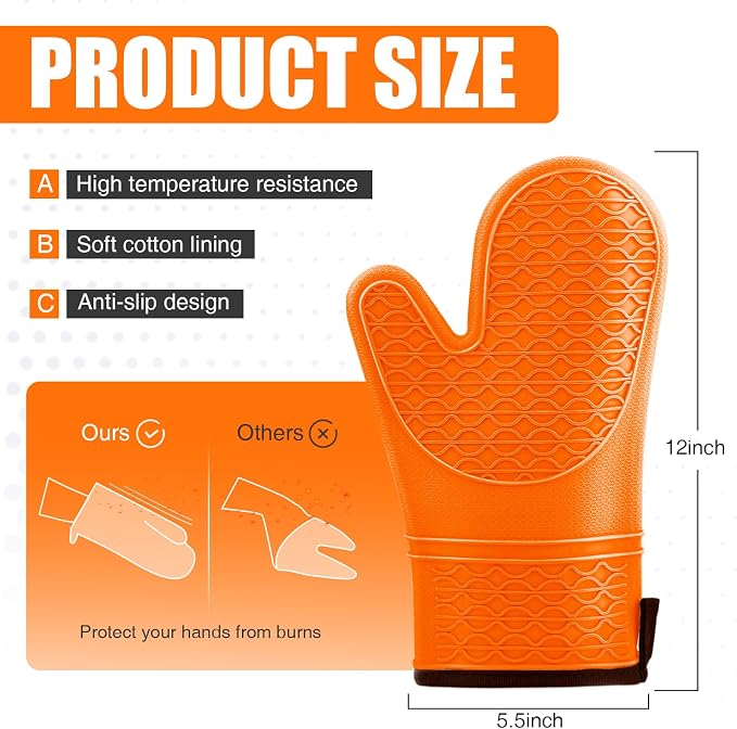 Silicone Oven Mitts, Heat Resistant 2PCS Oven Mitts with Soft Cotton Lining, Waterproof Non-Slip Grip Oven Glove, Kitchen Potholder Mits for BBQ, Baking, Cooking, 12.5 Inch - Orange