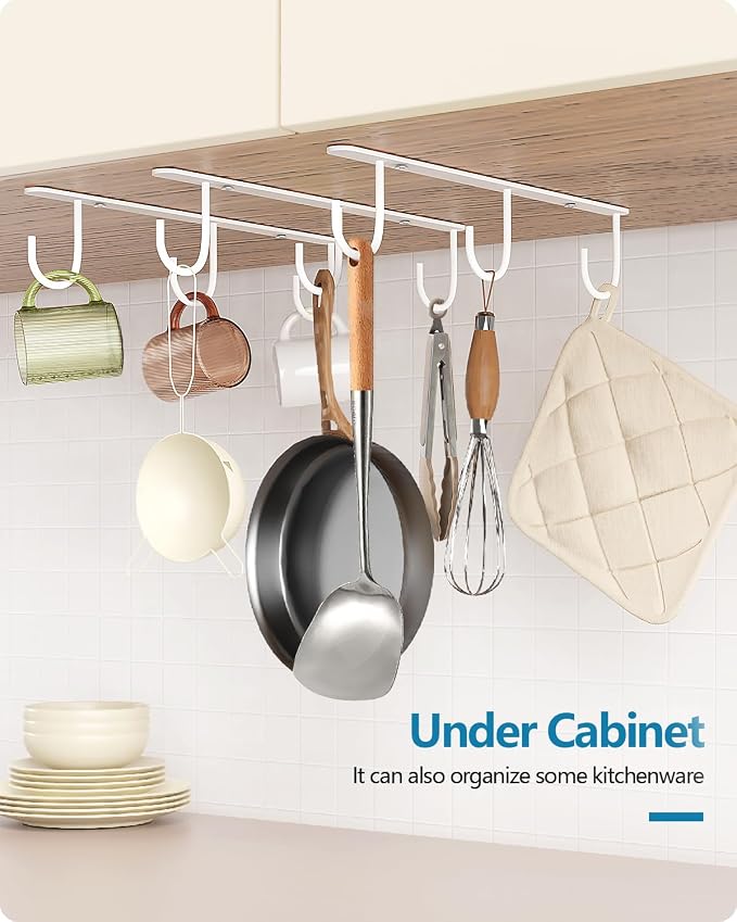 3 Pack Mug Hooks Under Cabinet with 9 Hooks for Displaying Mugs, White | Coffee Mug Holder for Hanging Under Shelf, Cup Hanger, Coffee Cups and Kitchen Utensils