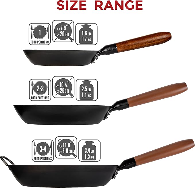 YOSUKATA 7.9" Carbon Steel Frying Pan – Non-Toxic Pre-Seasoned Skillet with Removable Wooden Handle – Coating-Free Wok-Style Pan for Gas, Induction, Electric, Oven & Grill BBQ