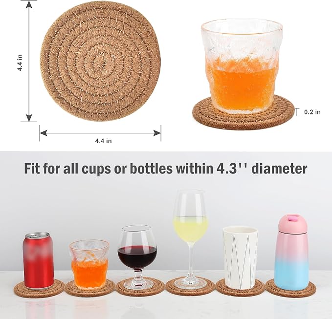 ABenkle Drink Coasters with Holder Set of 10, Cotton Woven Absorbent Coasters for Drinks, Minimalist Home Decor Coaster Set for Wooden Tabletop Protection Table, 4.3 inches