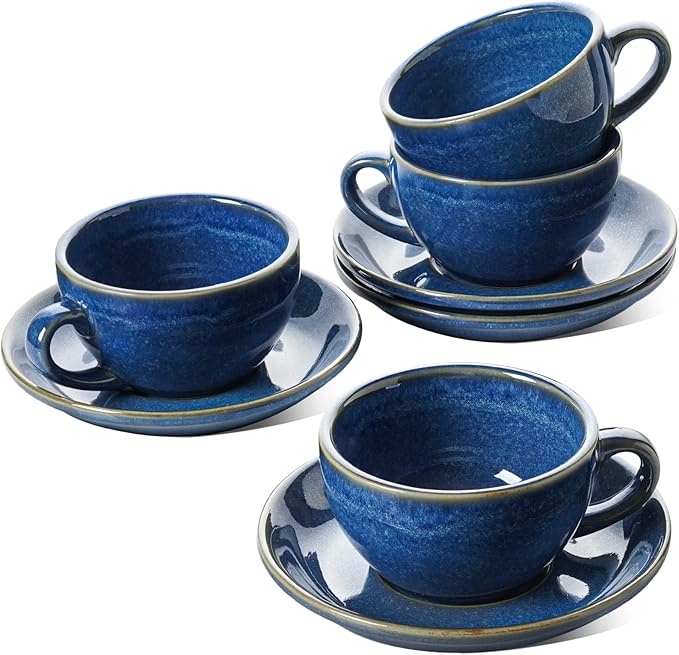 LE TAUCI 8 oz Cappuccino Cups with Saucers, Set of 4, Large Ceramic Coffee Cup Set for Au Lait, Flat White, Latte, Cafe Mocha, Tea, Embossed - Ceylon Blue