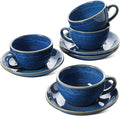 LE TAUCI 8 oz Cappuccino Cups with Saucers, Set of 4, Large Ceramic Coffee Cup Set for Au Lait, Flat White, Latte, Cafe Mocha, Tea, Embossed - Ceylon Blue