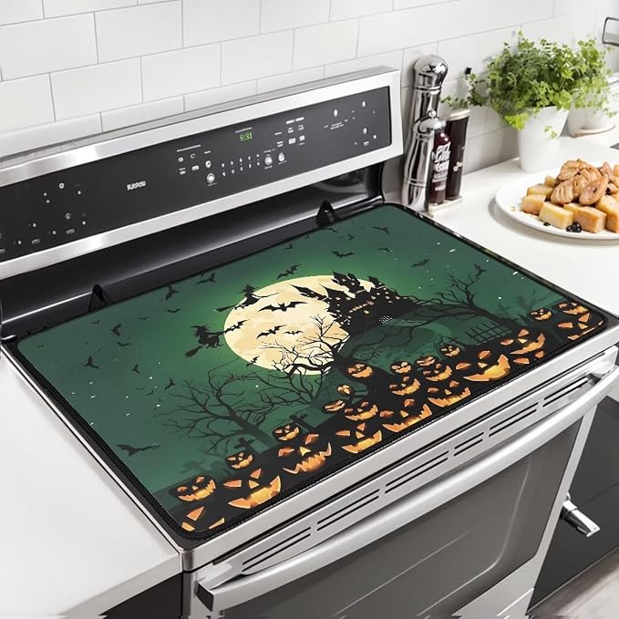 Halloween Castle Stove Top Cover for Electric Stove(30 x21 Inches), Insulation Counter Tops Cover, Heat Resistant Glass Cooktop Protector, Folding Dish Drying Mats for Kitchen