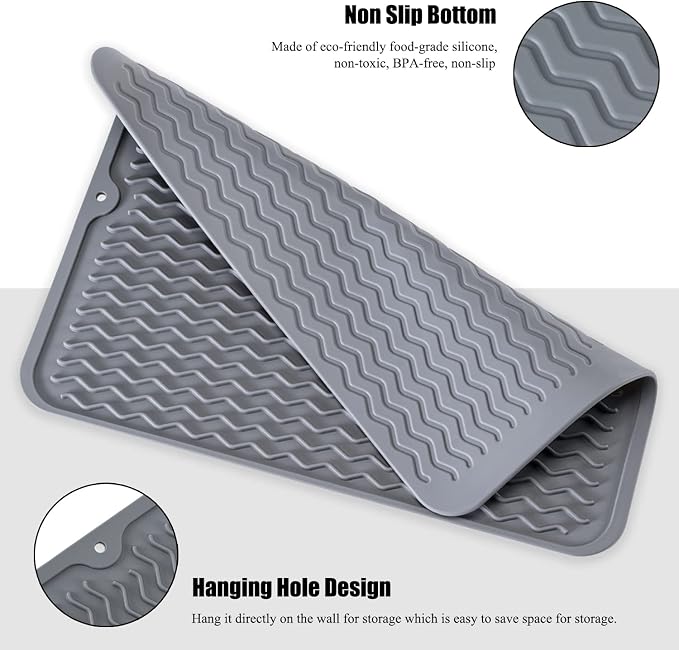Silicone Dish Drying Mat, Non-Slip Easy Clean Sink Mat, White, 17" x 14" | Quick-Dry Ridges, Large Heat-resistant Dish Drainer Mat for Kitchen Counter, Hangable & Roll-Up for Storage, Dishwasher Safe