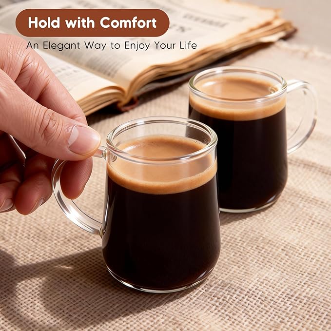 Glass Espresso Cups Set of 2, 5.4 oz Clear Espresso Shots Cup with Handle, Small Coffee Cups Glasses Mugs, Demitasse Cups, Cappuccino Cup, Suit for Espresso Machine, Microwave Dishwasher Safe